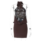 Dulzura Summer Fashion Sexy Halter Sleeveless Lace Up Backless Bodycon Mini Dress Women'S Solid Elegant Party Club Street Outfit